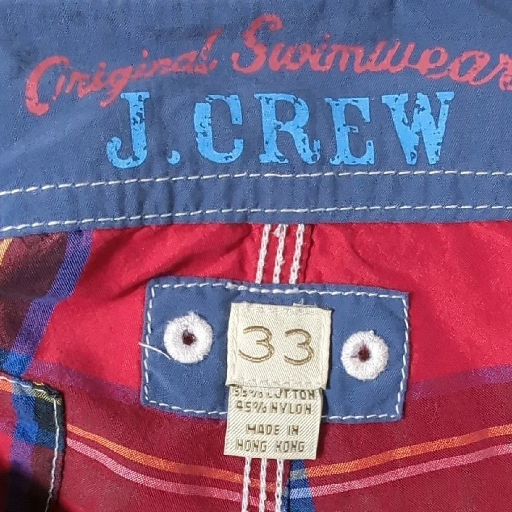 J. Crew Red Tartan Plaid Men's Swim Trunks‎ Board Shorts Size 33 Preppy Classic